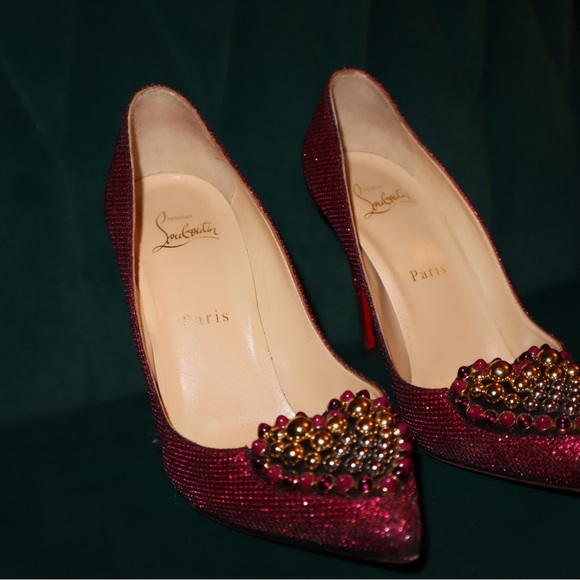 Christian Louboutin Shoes Pink Coralta Mia 100mm Glitter Studded Heart Point-toe - Picture 4 of 12
